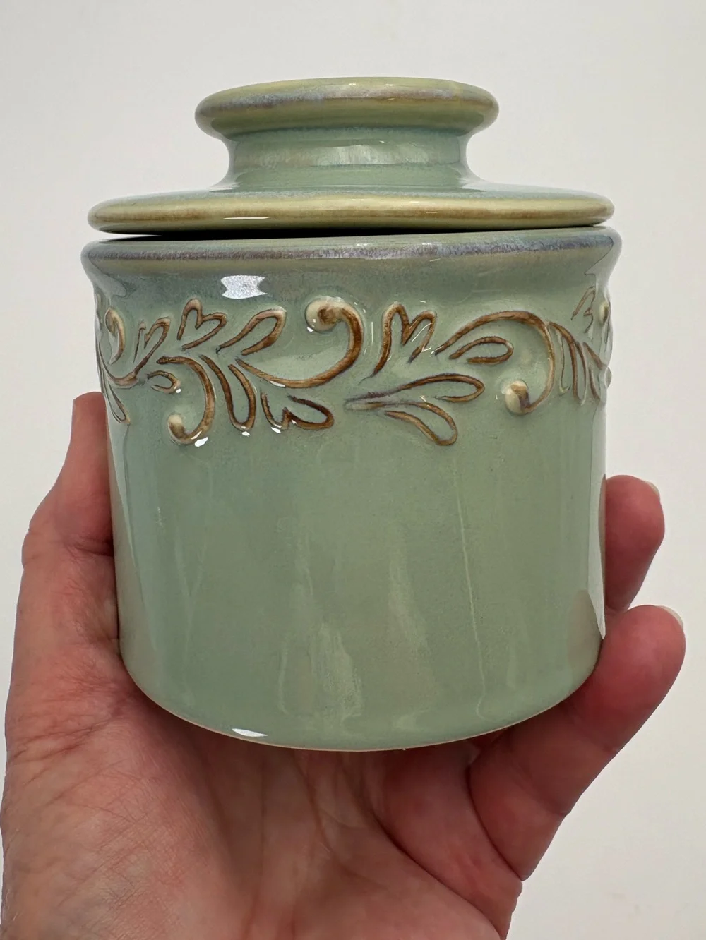 Green Ceramic Butter Bell Crock with Decorative Scroll Band